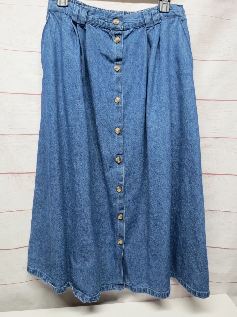 Vintage Cabin Creek Size 16 Petite Button Up Denim Jean Skirt 100% Cotton